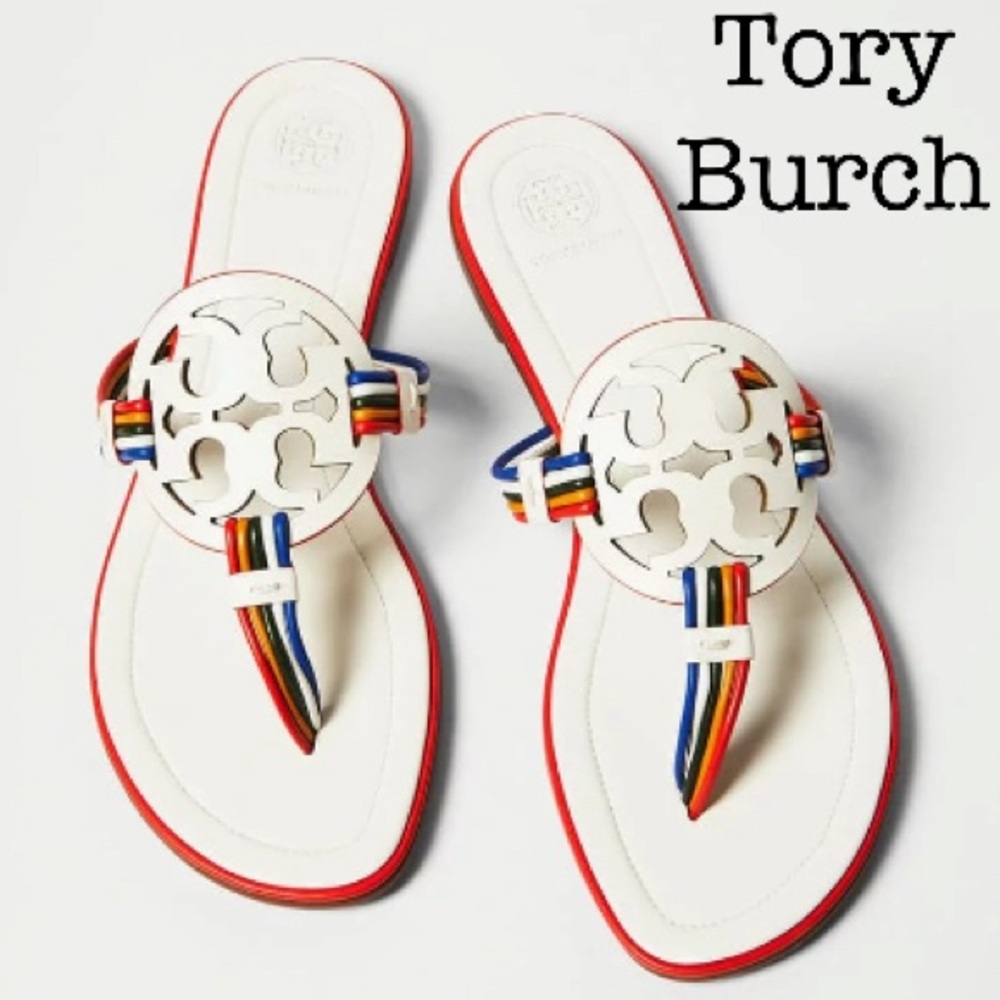 Tory Burch Miller Mignon White Rainbow Thong Leather Sandals Size 8 1/2